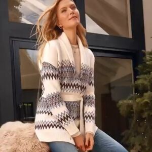 Evereve Mari Fair Isle Cardigan Sweater With Belt Cream And Blue Size Medium